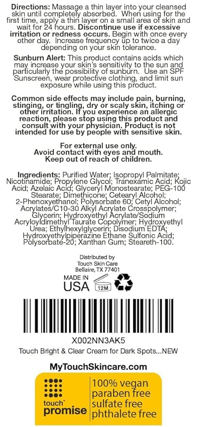 TOUCH Skin Bright Cream for Dark Spots on Face - Azelaic Acid with Kojic Acid, Tranexamic Acid, & Niacinamide – Age Spot, Sun Spot, and Melasma