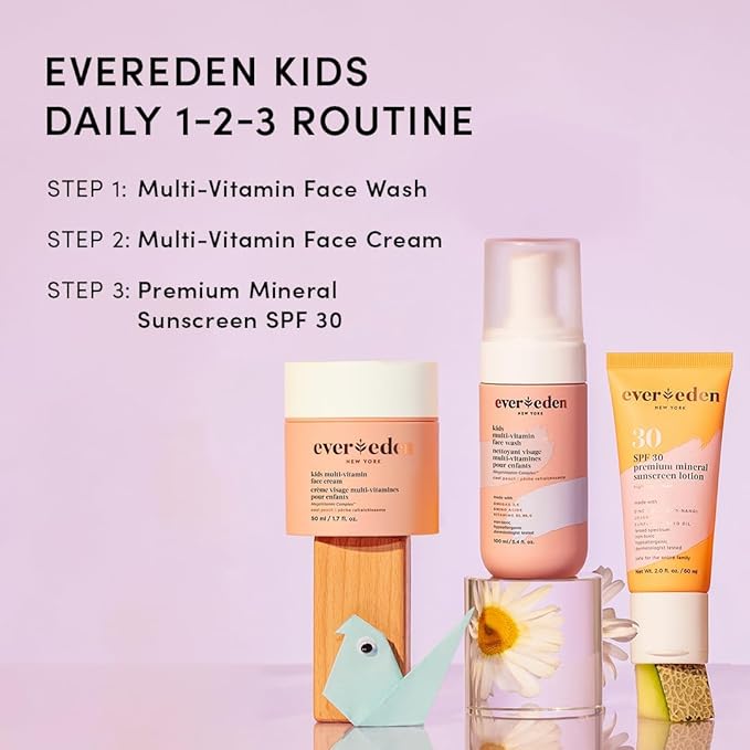 Evereden Kids Skincare Bundle: 1-2-3 Routine with Multi-Vitamin Peach Face Wash, Cream, SPF 30 & Spa Headband – Gentle, Nourishing Skincare & Fun Hair Management for Kids – Perfect for Daily Care