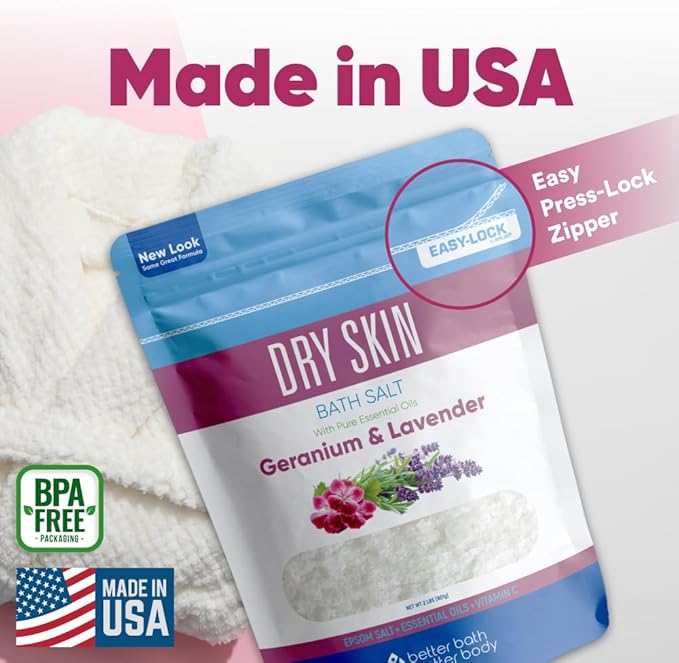 Dry Skin Bath Salt 32 Ounces (2 Lbs) Epsom Salt with Natural Geranium and Lavender Essential Oils Plus Vitamin C in BPA Free Pouch with Easy Press Lock Seal Made in USA