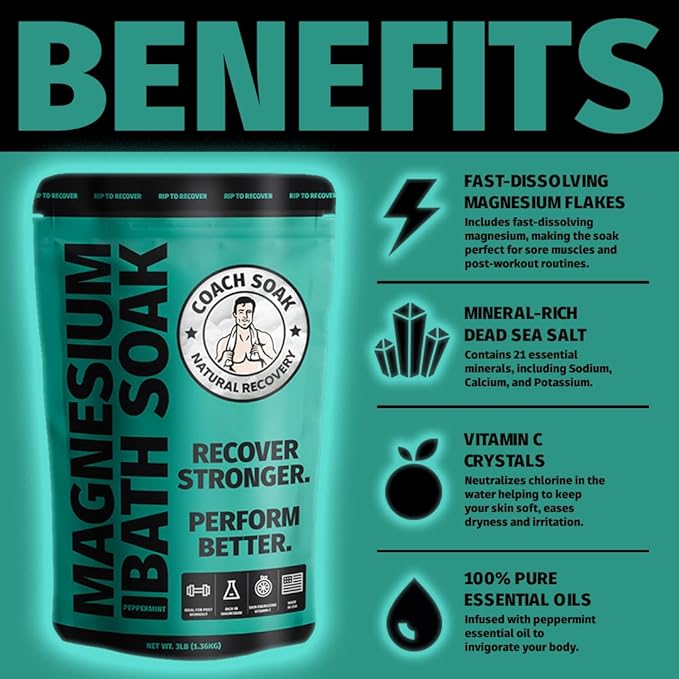 Coach Soak Recovery Bath Soak and Magnesium Lotion with MSM Eucalyptus Tea Tree Bundle (Cooling Peppermint)