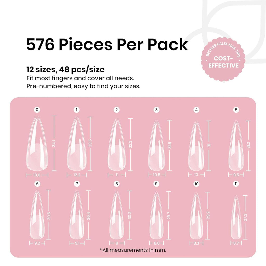 Beetles Gel Nail Tips Etch-X, Stiletto Medium, 576Pcs 12 Sizes, Pre-Etched Half Matte Full Cover Soft Acrylic Fall Halloween False Nail Tips Easy DIY Press On Nail Extensions Salon Gift for Women