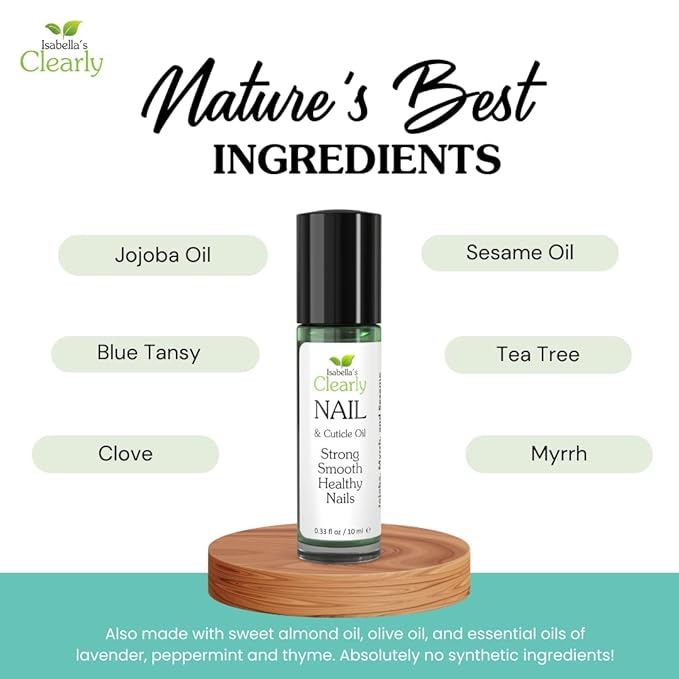 Isabella's Clearly NAIL and Cuticle Oil for Strong Nails and Soft Cuticles | Strengthening Roll On Nail Oil with Tea Tree, Jojoba and Blue Tansy to Repair and Nourish | Natural Essential Oil Blend