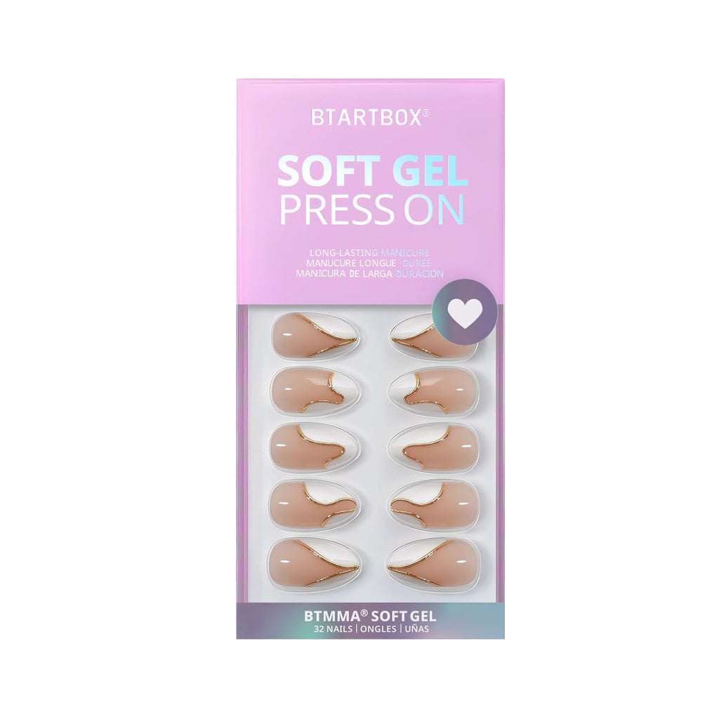 BTArtbox Press On Nails Almond - Designed White French Tip Press On Nails Short with Gold Foil, Glue On Nails for Winter Day Gifts, Stick On Nails in 16 Sizes - 30 Nail Kit, Tiny Gloden