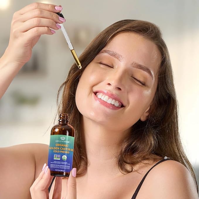 QUEEN OF THE THRONES Organic Golden Castor Oil | 100% Pure for Hair, Skin, Nails, Brows & Lashes | Hexane-Free | USDA Certified [16.9oz (500ml)]