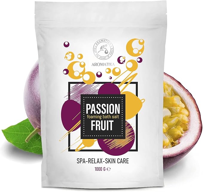 Foaming Bath Sea Salt Passion Fruit 35 Oz (1000g) Bubble Bath Salts with Almond & Grape Seed Essential Oil & Passion Fruit Extract for Bath Soak - Relaxing Bath - Aromatherapy Bath Salts