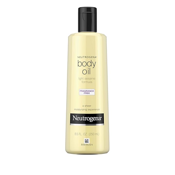 Neutrogena Body Oil Light Sesame Formula, 8.5 fl oz, Fragrance Free Radiant Glow Moisturizer for Dry Skin and Massage Oil with Sesame Oil, Bath & Shower Oil For Smooth and Hydrated Skin