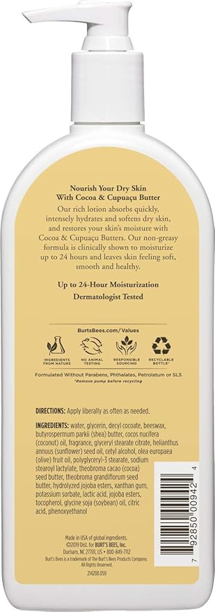 Burt's Bees Butter Body Lotion for Dry Skin with Cocoa & Cupuau, 12 Oz (Package May Vary) (Pack of 4)