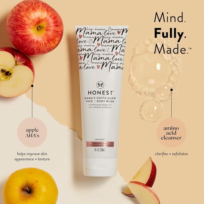 The Honest Company New Mama Care Essentials Gift Set | Hospital Bag Must Haves | Travel Size Nip Balm (0.5 oz), Glow On Body Cream (1 oz), Gotta Glow Face Wash (1.75 fl oz), Reusable Pouch