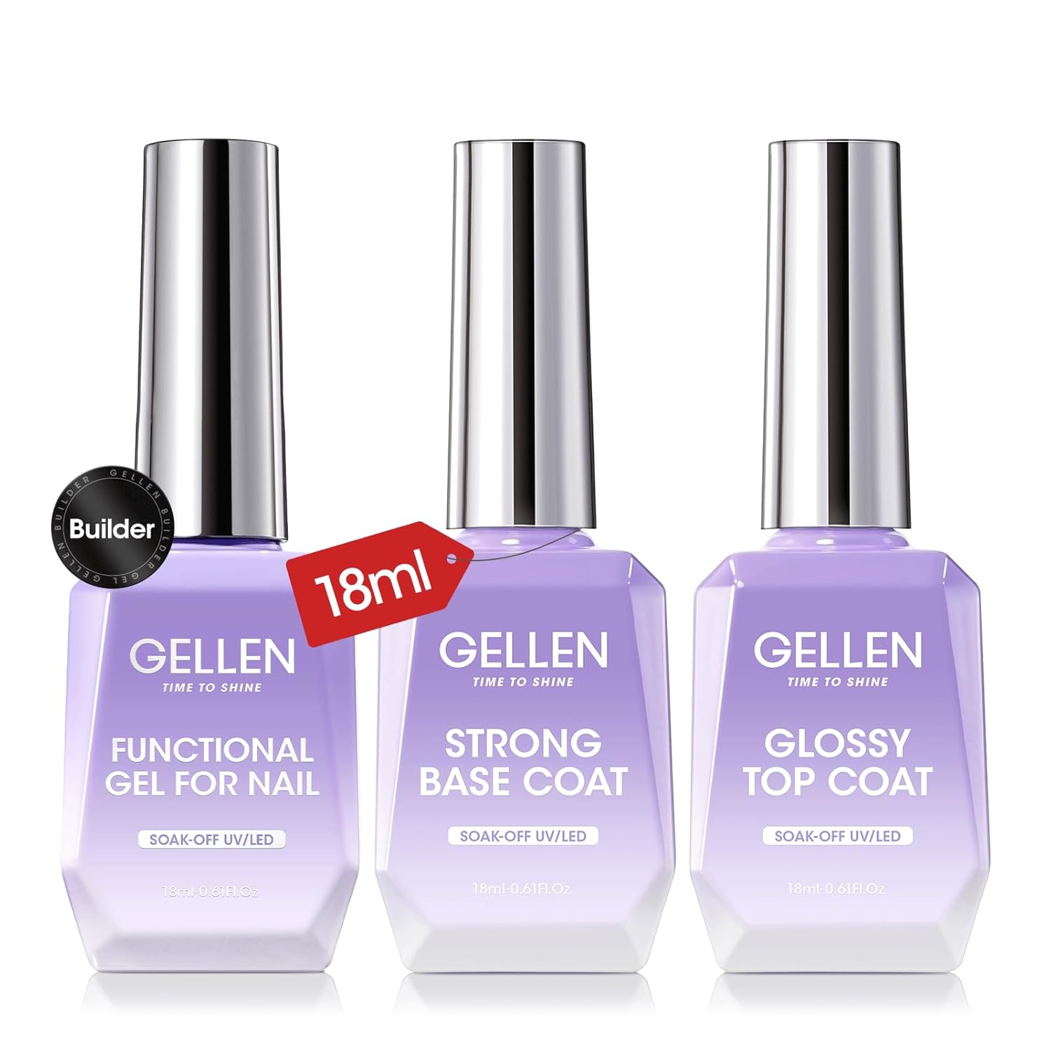 GELLEN Builder Nail Gel with Gel Top Coat Base Coat, 3 Pcs 18ml Top Coat Nail Polish Set, Soak Off Hard Builder in A Bottle for Nail Extension Strengthen Manicure Salon at Home