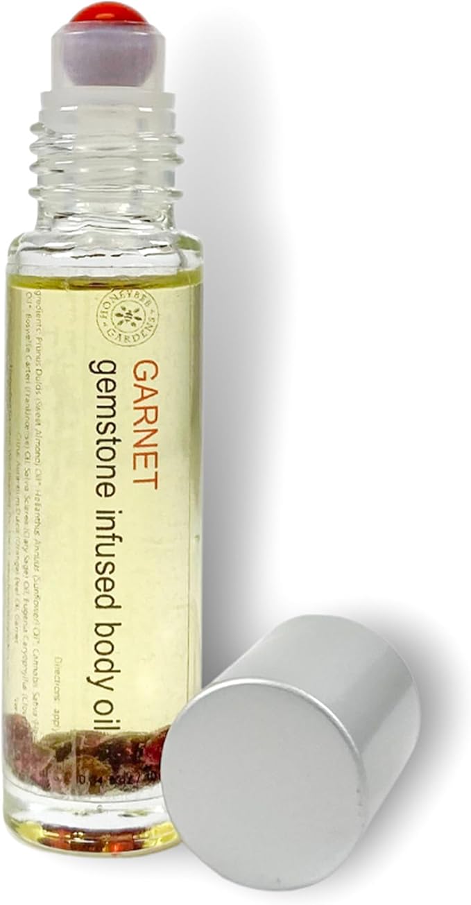 Honeybee Gardens Crystal Infused Body Oil Rollerball, Garnet, Organic, Moisturizing, Non-Greasy, for All Skin Types, 2 Fl Oz