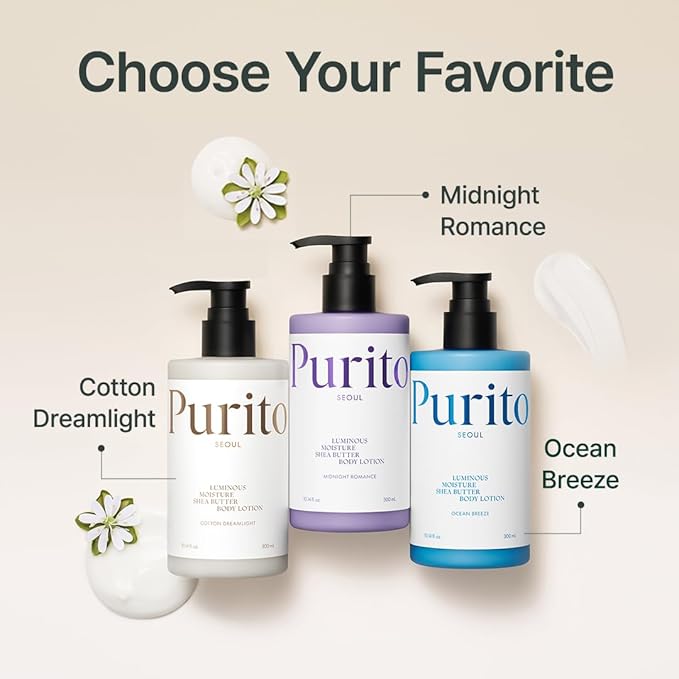 PURITO Luminous Moisture Shea Butter Body Lotion, Shea Butter, Gentle on Skin, Moisturizing, Dry Skin, Pump Bottle, K-Beauty, 300ml / 10.14 fl. oz. (Midnight Romance, 10.14 fl. oz.)