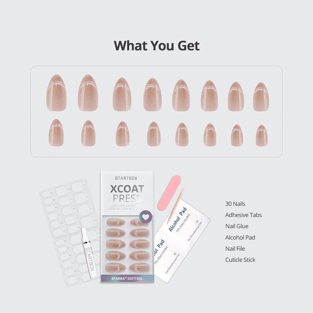 BTArtbox Almond Press On Nails Medium - Lamp-Curable Cat Eye Press On Nails with Glue for Women, Semi-Transparent Soft Gel Glue On Nails in 15 Sizes - 30 Stick On Nails Kit, Sunlit Shimmer