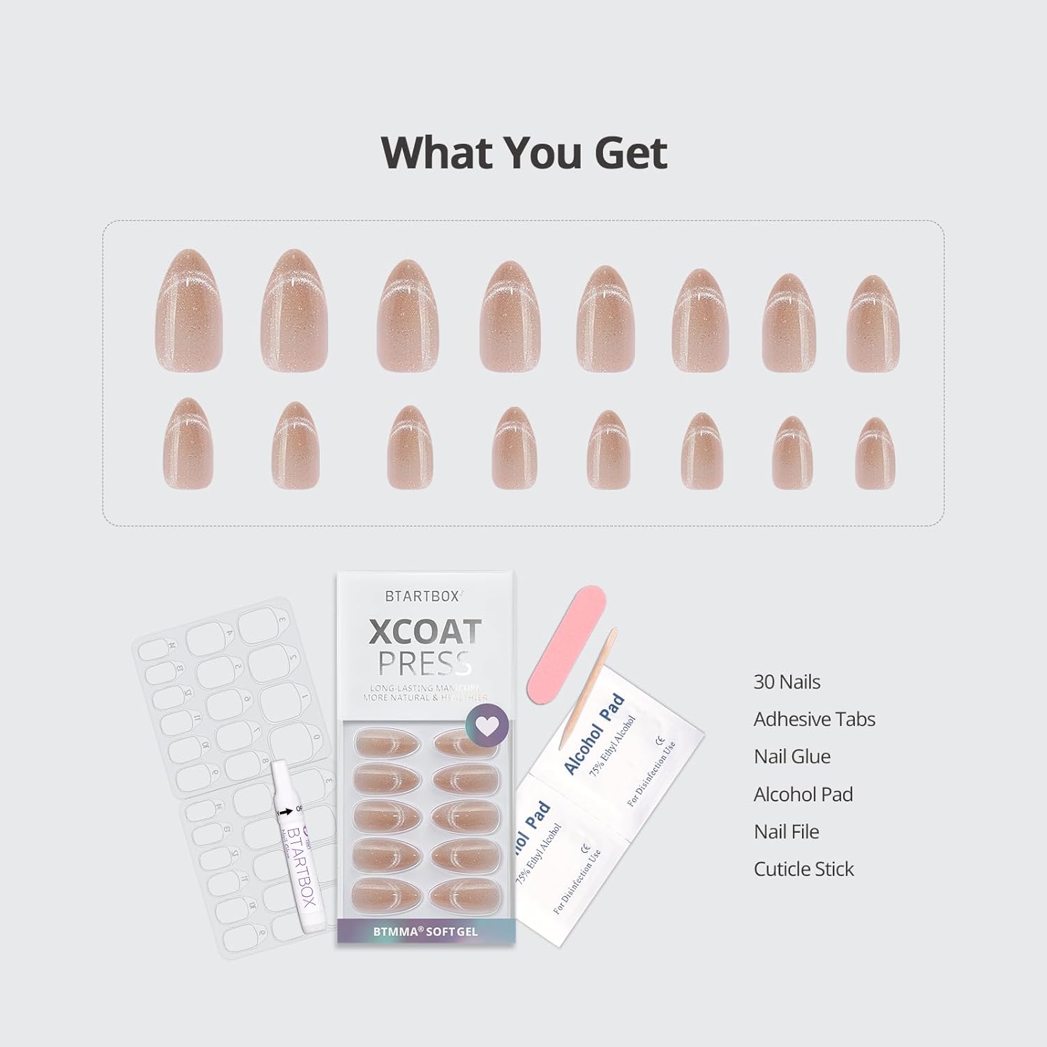 BTArtbox Almond Press On Nails Medium - Lamp-Curable Cat Eye Press On Nails with Glue for Women, Semi-Transparent Soft Gel Glue On Nails in 15 Sizes - 30 Stick On Nails Kit, Sunlit Shimmer