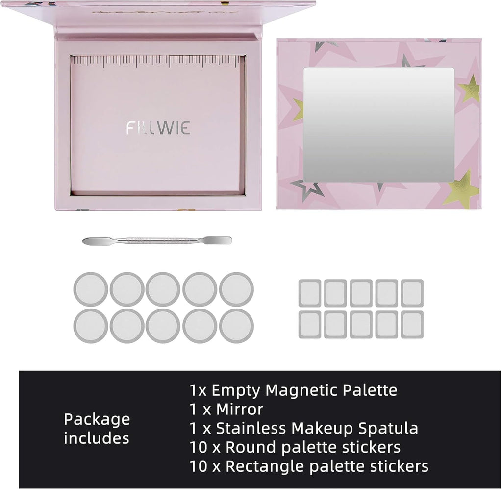 Magnetic Empty Makeup Palette with Mirror – Customizable Refillable Case for Eyeshadow, Blush, Lipstick, Highlighter – Lightweight, Waterproof, with Spatula & 20 Metal Stickers (Pink, Medium)