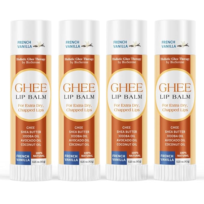 All Natural Lip Balm For Very Dry Lips | Hydrating & Moisturizing Lip Balm with Shea Butter, Ghee, Jojoba Oil, Coconut Oil | Chapped Lips & After Sun Care | BioSerene (4.5 gms/tube, French Vanilla)