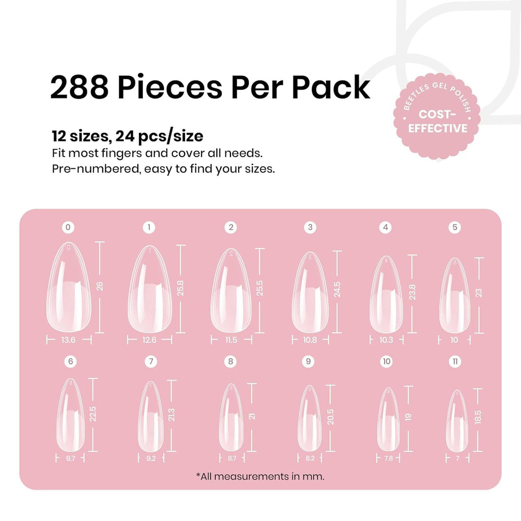 Beetles Gel Nail Tips Medium Almond Etch X Nail Tips, 12 Sizes 288 PCS Half Matte Full Cover False Nails Clear Acrylic Nails Glue on Nails DIY Gift for Women