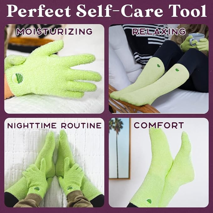 Aloe Socks and Gloves Set | Green Moisturizing Socks and Gloves Infused with Aloe and Vitamin E | Spa Socks and Gloves for Women