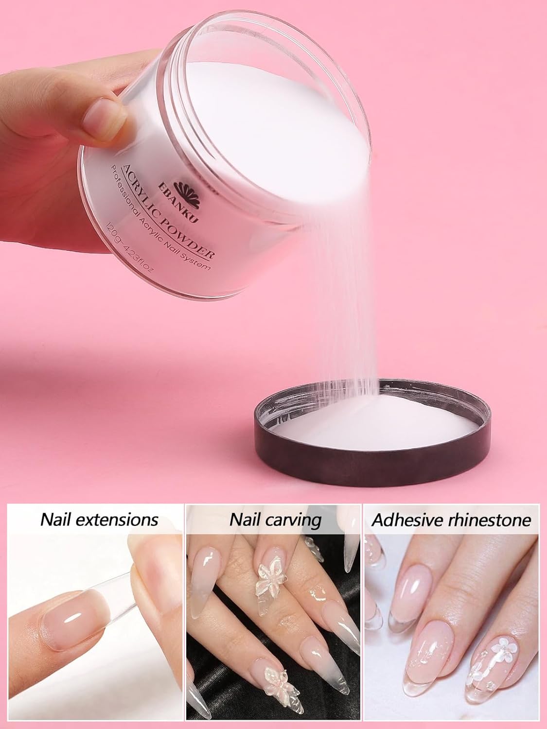 EBANKU Clear Acrylic Powder, 120g/4.23oz - Professional Nail Powder for Extension, Carving, Long-Lasting, No Lamp Needed