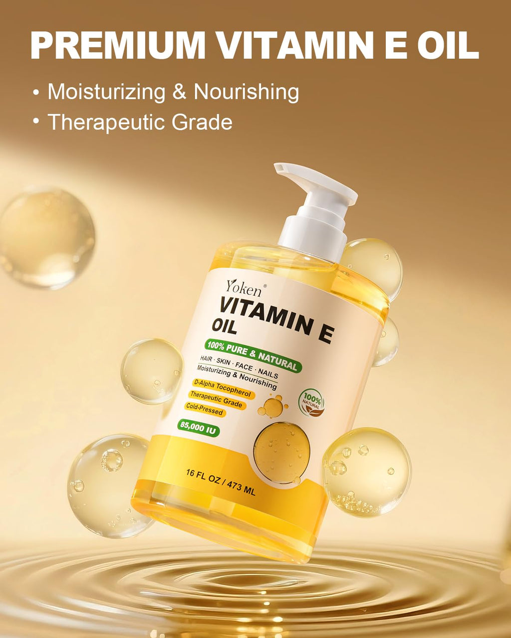 Yoken Vitamin E Oil 16 Fl Oz Organic Vitamin E Oil for Skin 85,000 IU Bulk Vitamine oils for Scars Hair,Face,Nail,Cold Pressed Hexane Free Formula Liquid Perfect Scalp Care Bath and Body oils