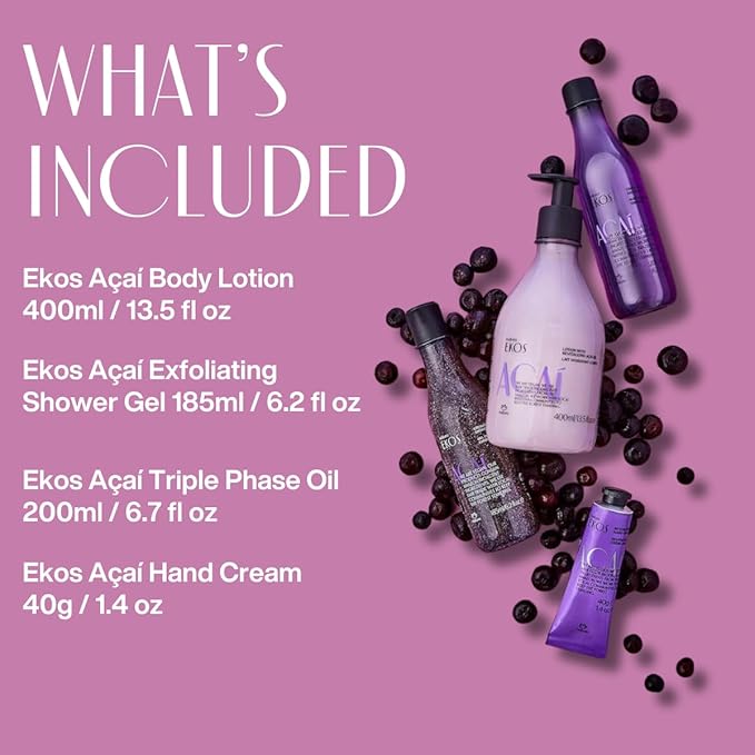 natura - Ekos Açaí Collection Bio-Beauty Gift Set (4 Products) - Body Lotion, Hand Cream, Shower Oil, and Shower Gel - Gift Box - Vegan Skin Care - Brazilian Beauty Secrets - Self Care & Body Care