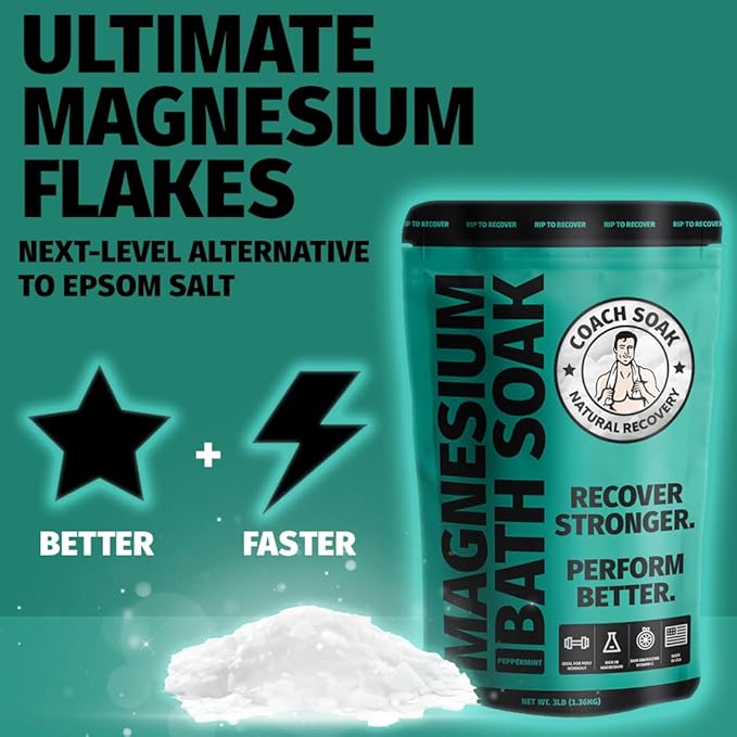 Coach Soak: Recovery Bath Soak - Fast-Absorbing Magnesium Flakes - Bath Salts with 21 Minerals & Essential Oils for a Rejuvenating Post-Workout Soak - Made in USA (Cooling Peppermint)