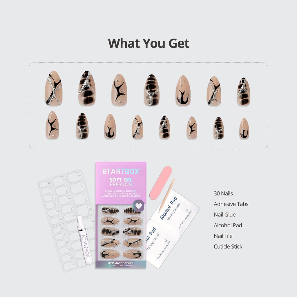 BTArtbox Press On Nails Almond - 3D Design Black Medium Press On Nails with Glue for Women, Opaque Soft Gel Glue On Nails in 15 Sizes - 30 Stick On Nails Kit, Gothic Chains