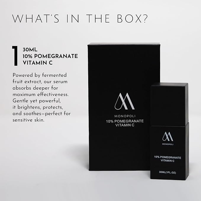Monopoli Skin Pomegranate 10% Vitamin C Facial Serum | Boost Skin Hydration & Vitality | Fermented Pomegranate for Deep Penetration | Great for Women and Teens | Single 30ml