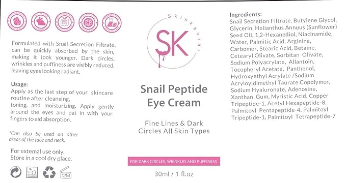 Snail Peptide Eye Cream with 73.7% Snail Mucin and Niacinamide- Brightening Korean Night Cream for Fine Lines and Dark Circles, 30ml / 1 FL Oz