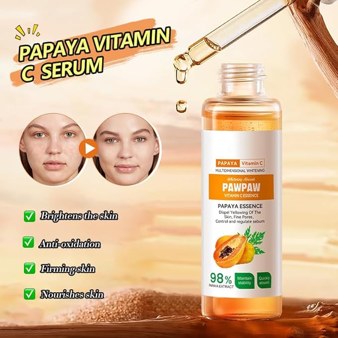 2PC 98% Papaya Extract Vitamin C Nourish PawPaw Essence,Dispel Yellowing Of The Skin, Deep Hydration Fine Pores, Moisturizing Smoothing Facial and Body Skin 60ml / 2.02 fl.oz