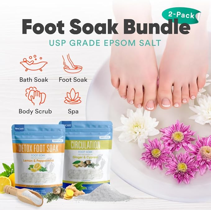 2 Pack Foot Soak Salts Bundle for DIY Foot Spa with Bamboo Scoop (2 lbs Each 4 lbs Total) for Discomfort and Dry Skin Made in USA with BPA Free Easy Lock Pouch