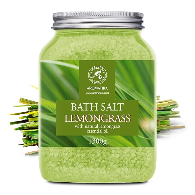 Bath Salts w/Natural Essential Lemongrass Oil 46 Oz (1300g) - Sea Salt Bath for Good Sleep - Bathing - Body Care - Wellness - Beauty - Relaxation - Aromatherapy - Spa - Bath Supplement