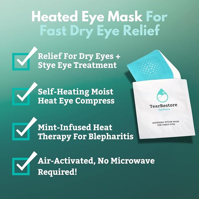 TearRestore Heated Eye Mask | EyeRelax Mint-Infused Warm Compress for Dry Eyes | Self Heating Steam Eye Mask for Stye Eye Treatment | Moist Heat Compress for Eyes, No Microwave (30 Count)