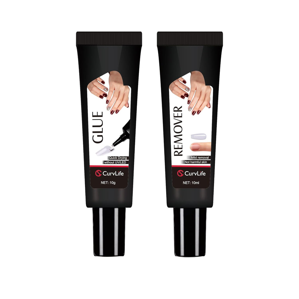 Curvlife Newly Upgraded Quick Drying 10g Semi Solid Nail Glue Gel with 10ml Remover Kit for Press On and Fake Acrylic Nails Tips, No Need for UV Lamp, Long Lasting