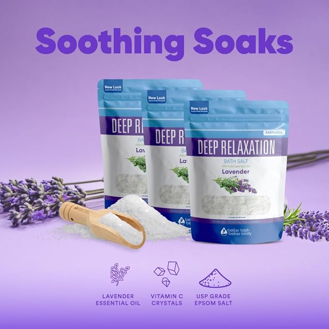 Deep Relaxation Bath Salt (3 Pack Plus Scoop) Relaxing Bath Soak with Pure Lavender Essential Oil in BPA Free Pouch with Press Lock Seal Made in USA 3 Pack of 2 Lbs 6 Lbs Total