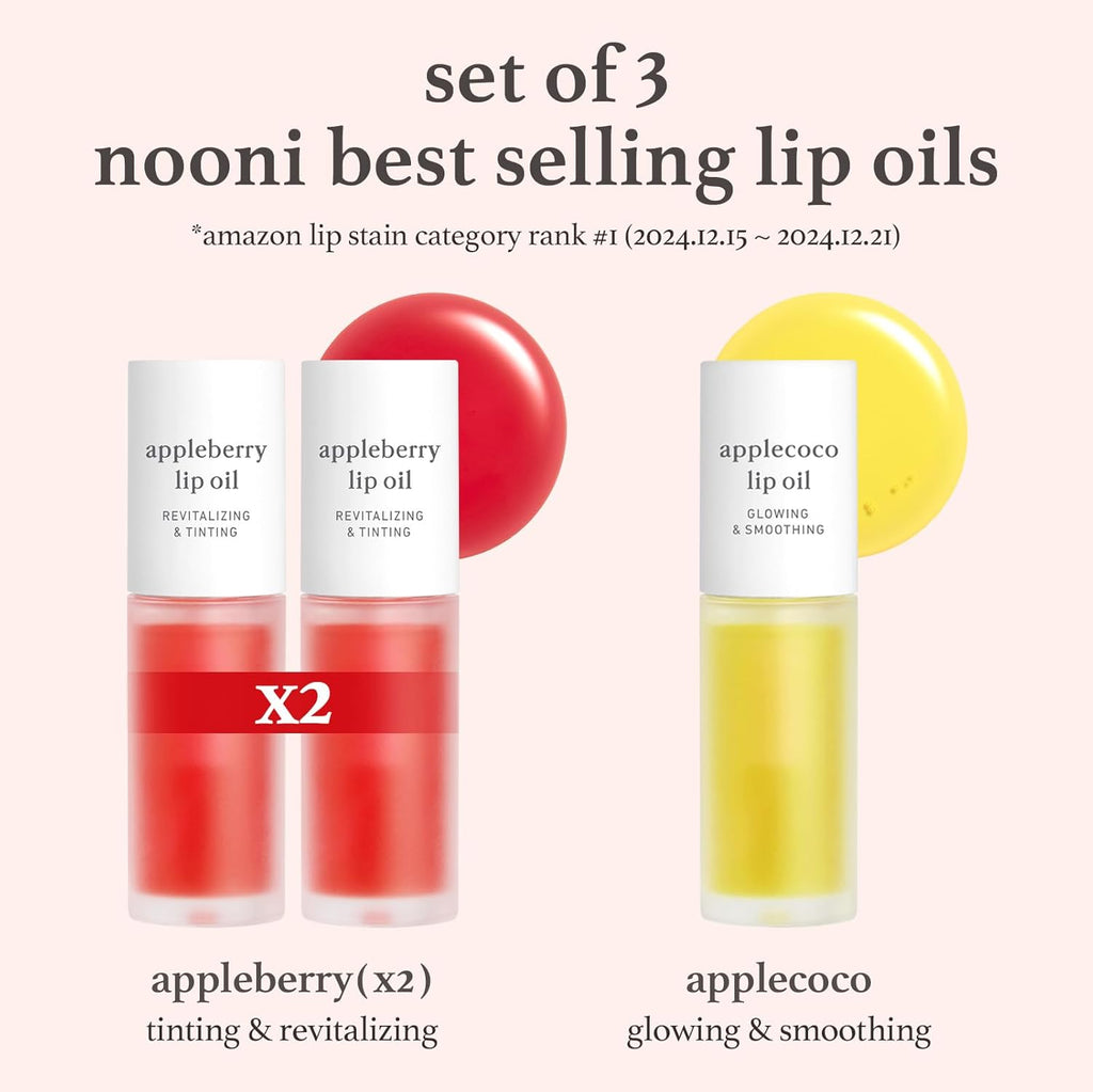 NOONI Korean Lip Oil Gift Set - Appleseed Lip Oil Trio, Tinted Lip Care, Hydrating, Lip Plumping, Long Lasting Moisture, Korean Vegan Makeup for Women, 0.12 Fl Oz x 3ea