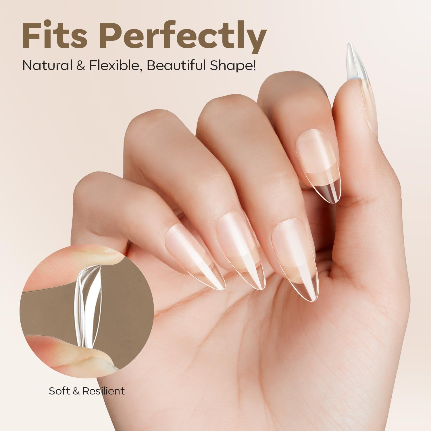 modelones Medium Almond Nail Tips, Pre-shaped Soft Gel Tips Fake Nails False Acrylic Clear Full Cover Press on Extension Kit Gel Manicure DIY at Home 216PCS 12Sizes