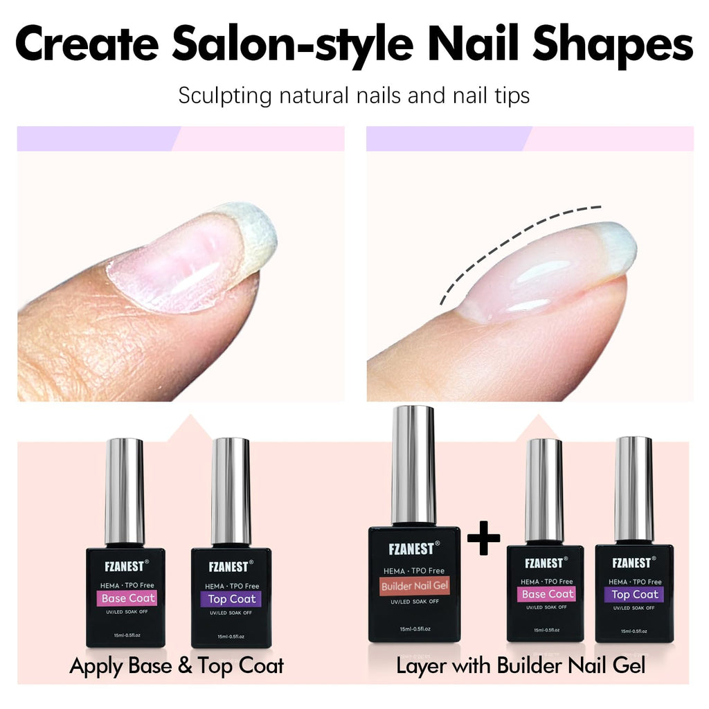FZANEST Builder Gel With Top and Base Coat HEMA TPO-Free, 15ml * 3pcs Clear Gel Nail Polish Kit for Nail Strengthening Building Apex Extension Soak Off No Wipe Top Coat Base Harden Nails