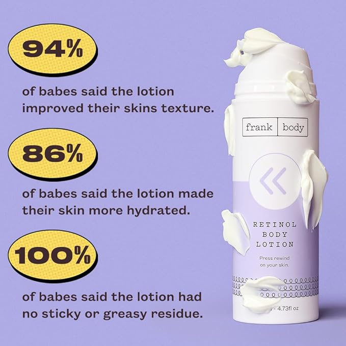 frank body Retinol Body Lotion | Vegan, Cruelty Free Anti-Aging Body Moisturizer | Reduce Appearance of Fine Lines & Hyperpigmentation with Retinol, Peptides & Berry Extracts | 4.73 fl oz / 140 mL