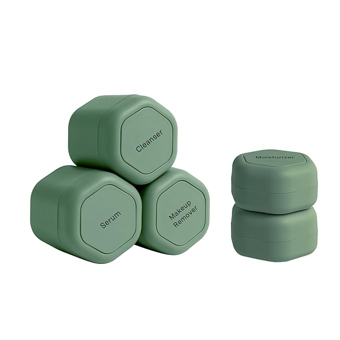 Cadence Travel Containers - Core Skincare Set - Magnetic Travel Capsules - 2 Small (0.56oz) & 3 Medium Capsules (1.32oz) with Cleanser, Moisturizer, Serum, Makeup Remover & Sun-Icon Label - Eucalyptus