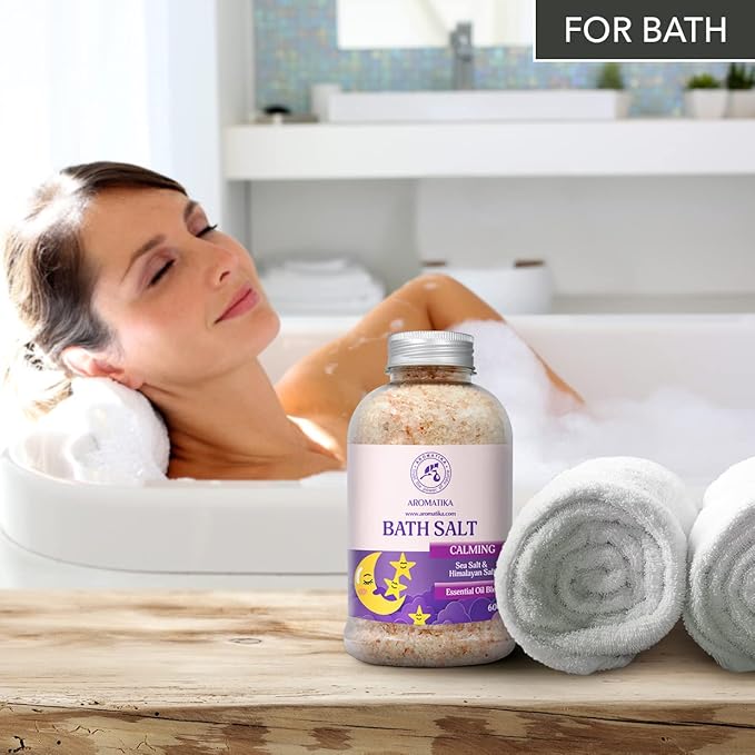 Calming Bath Salts 21.16 Oz - w/Sandalwood & Lavender & Bergamot Essential Oils - Natural Bath Sea Salts 600g - Good for Bath- Good Sleep - Relaxing - Body Care - Beauty - Aromatherapy