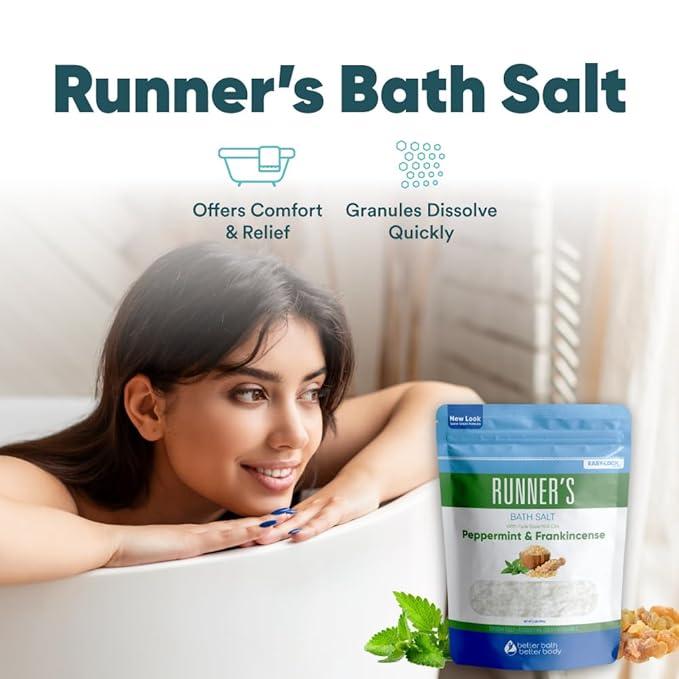 Runner's Bath Salt 32 Ounces Epsom Salt with Natural Peppermint, Frankincense, Lemon, Cypress, Tea Tree and Lemongrass Essential Oils Plus Vitamin C in BPA Free Pouch with Easy Press-Lock Seal