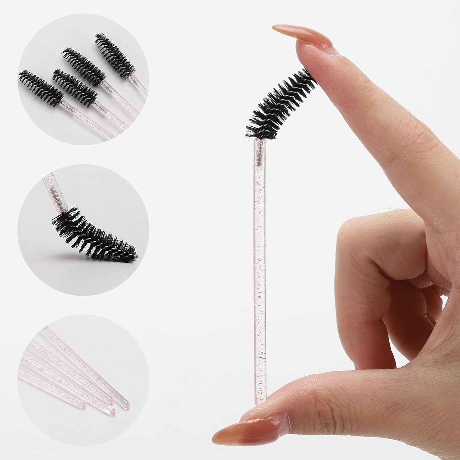 100 Pcs Disposable Mascara Wands, Crystal Eyebrow Spoolies Brush for Eyelash Extensions, Lash Brushes with Container (Black, Pink)