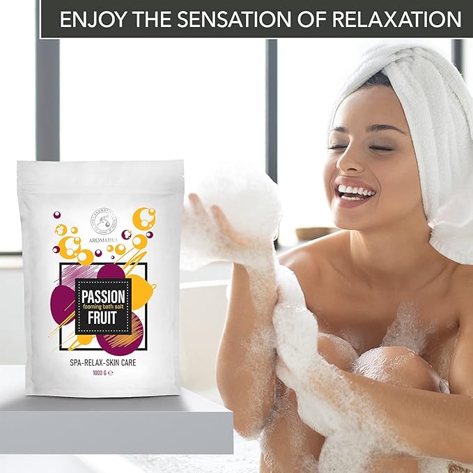 Foaming Bath Sea Salt Passion Fruit 35 Oz (1000g) Bubble Bath Salts with Almond & Grape Seed Essential Oil & Passion Fruit Extract for Bath Soak - Relaxing Bath - Aromatherapy Bath Salts
