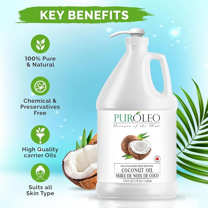 PUROLEO Fractionated Coconut Oil 128 Fl Oz/3784 ML (Packed In Canada) 100% Natural and odorless Moisturizer & Carrier Oil l Hair Skin Body, Aromatherapy, Massage, Makeup Remover