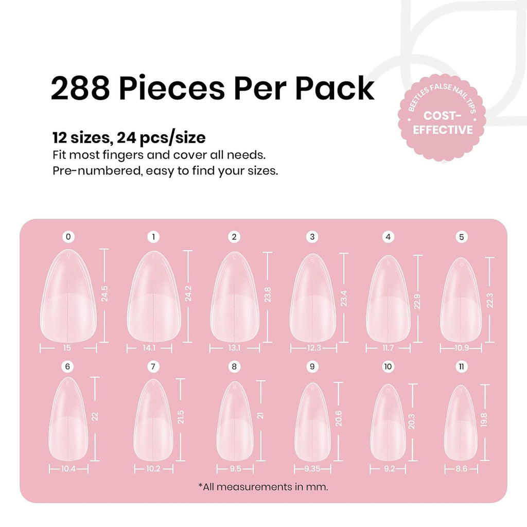 Beetles Medium Almond Nail Tips: 288PCS Medium Almond Matte Clear False Acrylic Press on Nails Tips 12 Sizes Pre-shape Full Cover Nail Tips Nail Extension DIY Valentines Day Gifts for Women