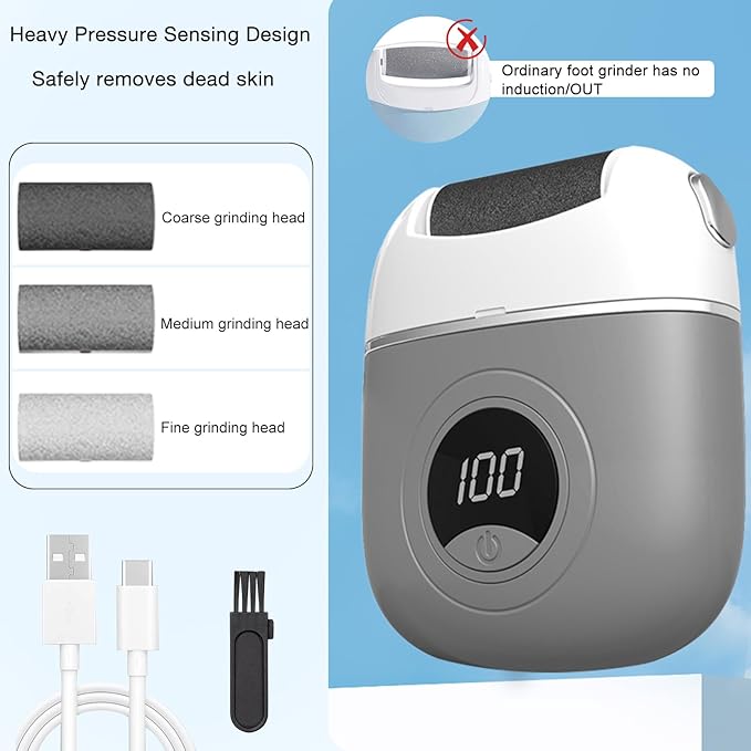 Electric Foot Callus Remover, 2024 New USB Rechargeable Foot Repair and Grinding Device, Heel Polisher Digital Display, Electric Foot Exfoliating Scrubber with 3 Grinding Heads 2 Speeds (Grey)