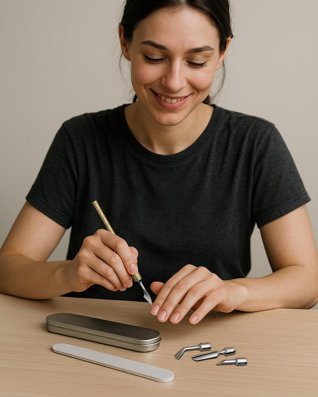 FERYES 4-in-1 Cuticle Pusher Tool-Curved/Smooth/Chisel/Horseshoe Heads + Thread-Lock Handle for Secure Salon Manicures