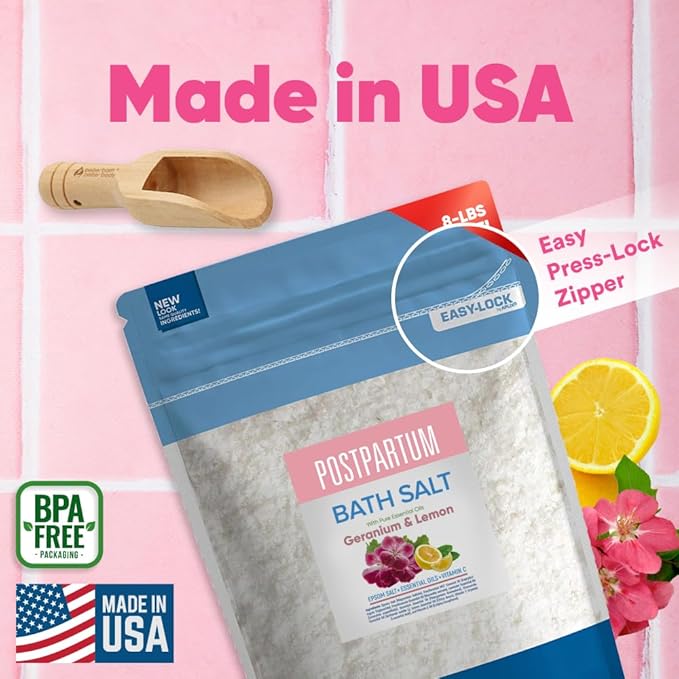 Postpartum Sitz Bath Soak 128 Ounces (8 Lbs) Bulk Bag Postpartum Care for New Moms Bath Salt with Essential Oils in Easy Press Lock BPA Free Pouch Made with Natural Ingredients Made in USA