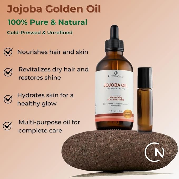 Jojoba Golden Oil – 100% Pure & Cold Pressed for Hair, Nails & Skin | Jojoba Oil with Vitamin E for Moisturizing & Repair | Face & Body Oil with Dropper & Roller Applicator