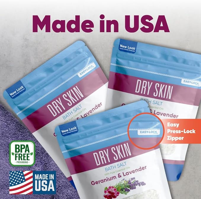 Dry Skin Bath Salt (3 Pack with Scoop) Skin Soothing Epsom Salt with Pure Essential Oils in BPA Free Pouch with Press Lock Seal Made in USA Three 2 Lbs Pouches 6 Lbs Total